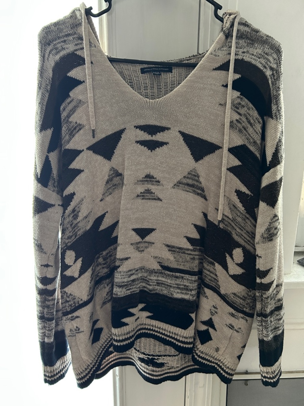 American Eagle Outfitters Beige Knit Hooded Sweater with Black Accent